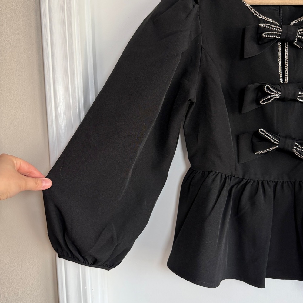 Tuckernuck Hyacinth House Blair Black Rhinestone Bow Long‎ Sleeve Blouse Small - Picture 9 of 11